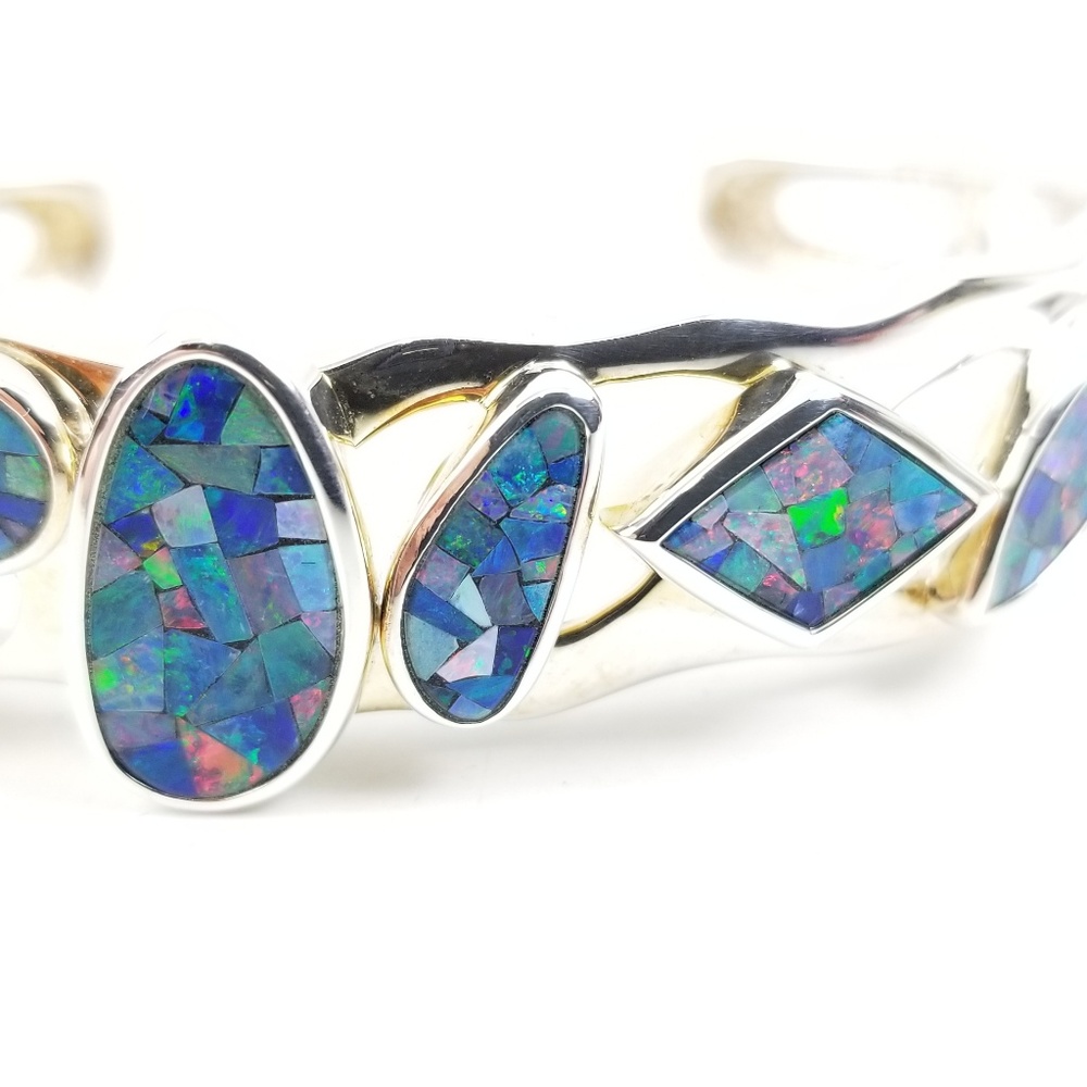 Australian Opal Mosaic Sterling Cuff Bracelet - Picture 2 of 8